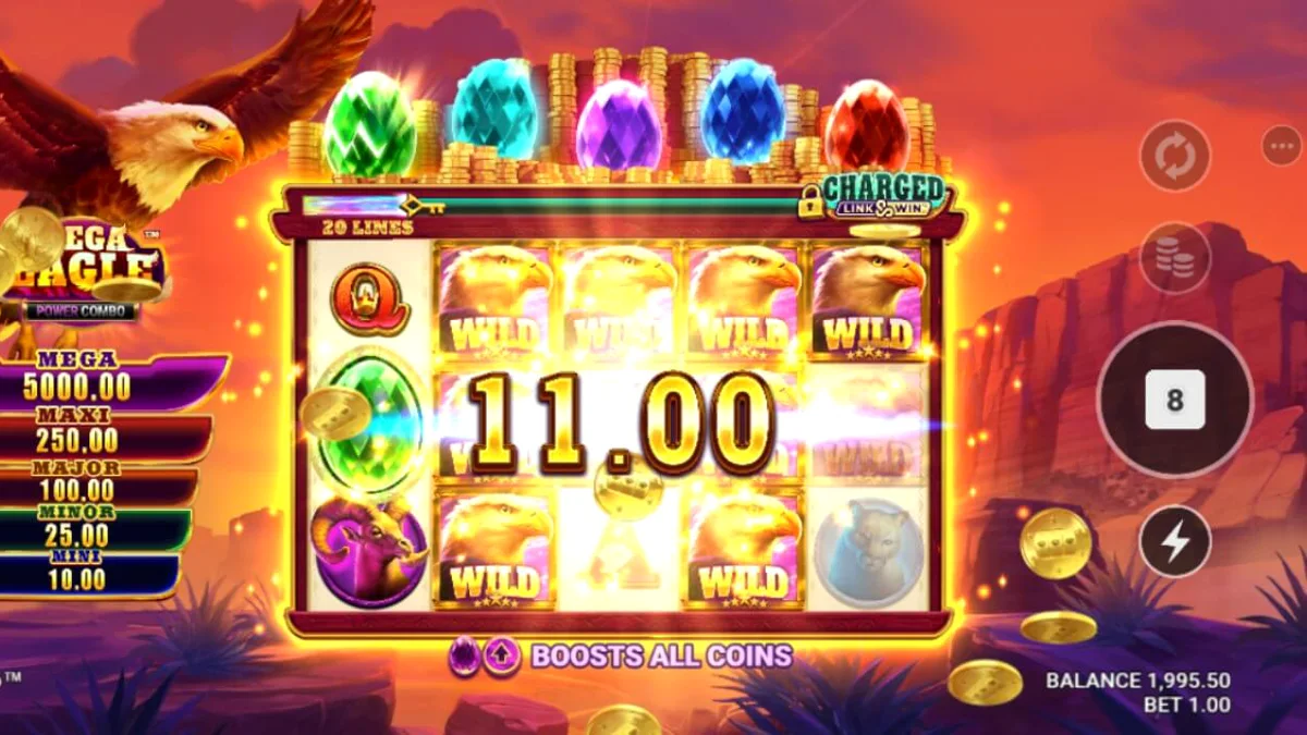 Pemandangan alam liar pegunungan Amerika Utara dengan simbol elang megah di slot Mega Eagle Power Combo