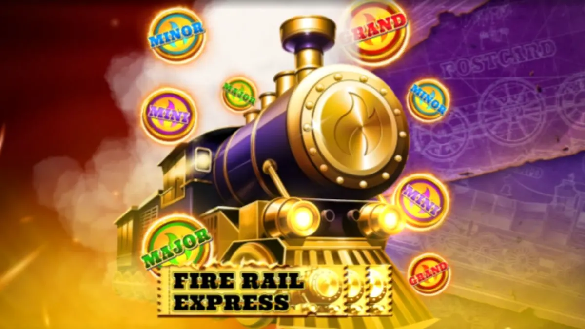 Tampilan visual mesin slot Fire Rail Express dengan tema kereta api uap dan elemen steampunk.